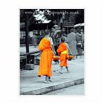 Monks out with their alms bowls early in the morning, collecting food from the faithful